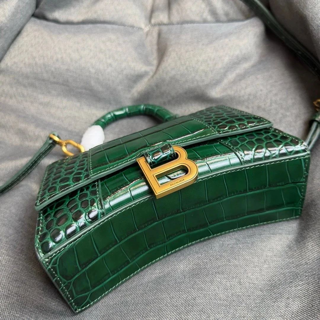 Balenciaga Hourglass XS Bag in Green Croc-Embossed Calfskin product view 2