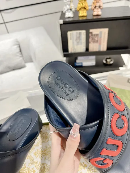 Gucci Cross-Strap Slide Sandals — Navy Blue with Red Logo product view 7