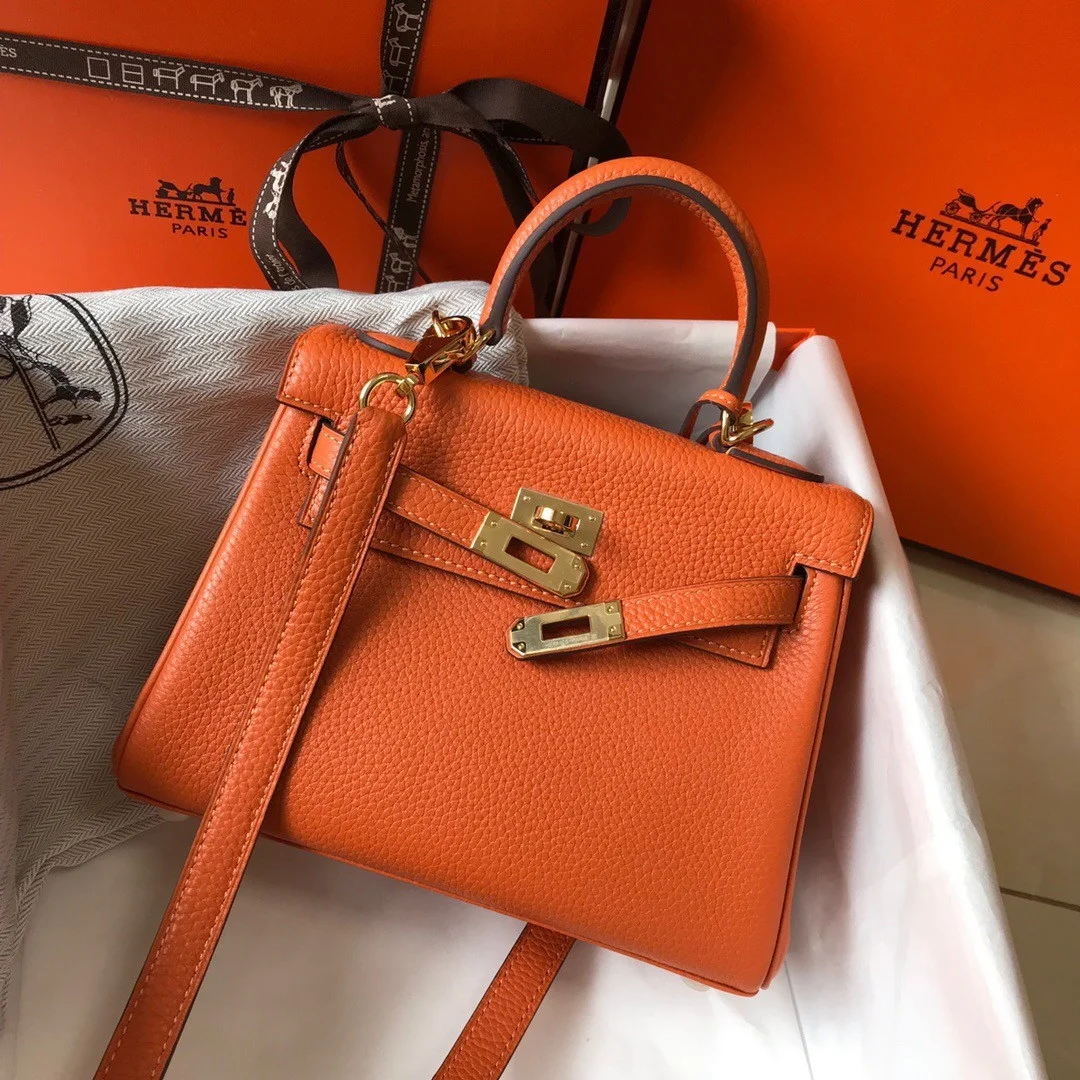 Hermes Kelly 20cm Bag In Orange Clemence Leather GHW product view 2