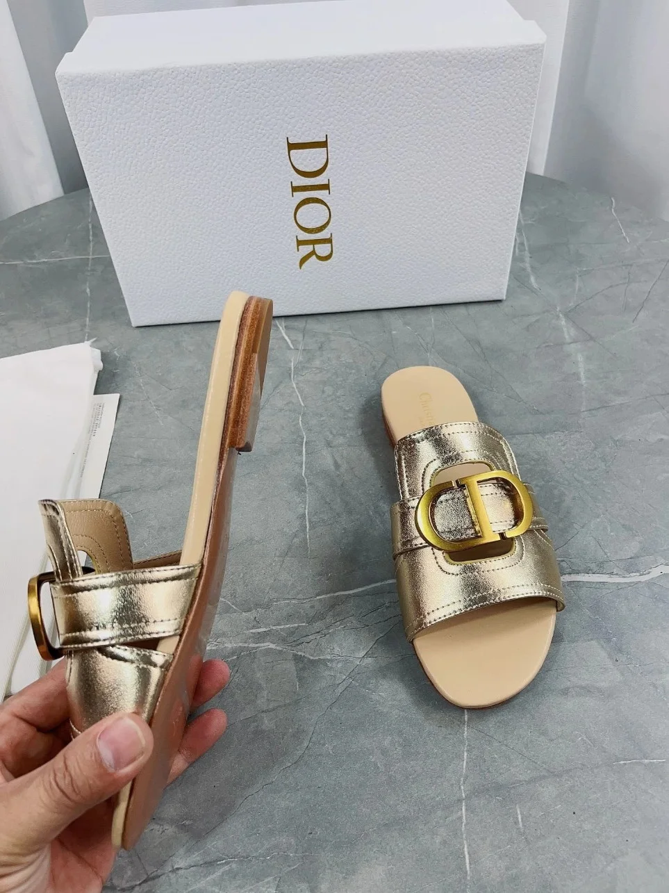 Dior 30 Montaigne Slides In Gold Metallic Calfskin product view 4