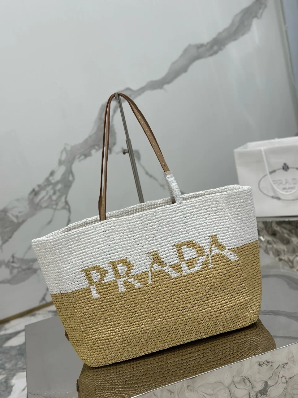 Prada Crochet Large Tote Bag in Beige/White Raffia-effect Yarn product view 6