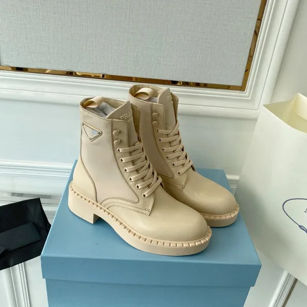 Prada Ankle Boots in Beige Brushed Leather and Re-Nylon product view 8