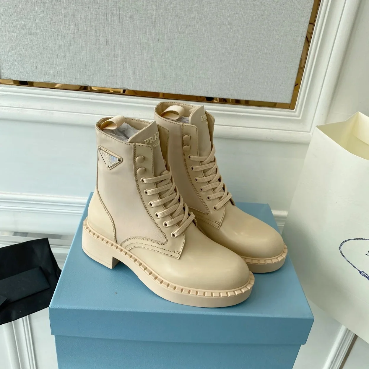 Prada Ankle Boots in Beige Brushed Leather and Re-Nylon product view 8