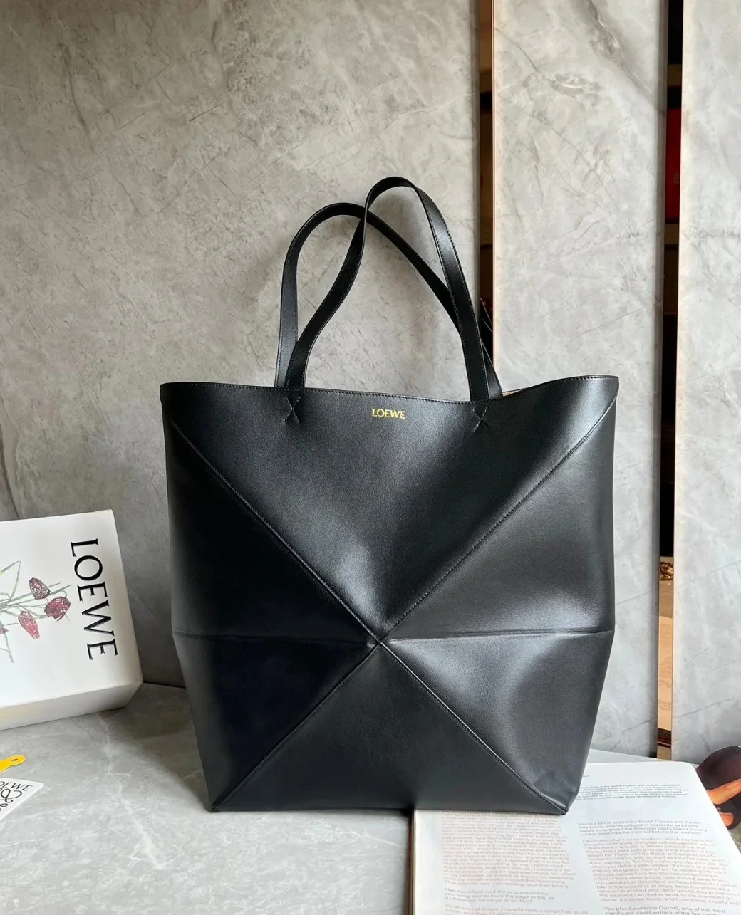 Loewe Large Puzzle Fold Tote Bag in Black Calfskin product view 4