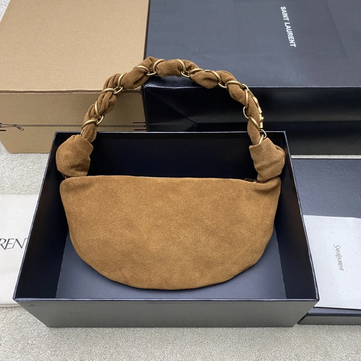 Saint Laurent Amalia Mini Hobo Bag in Brown Suede Calfskin product view 2