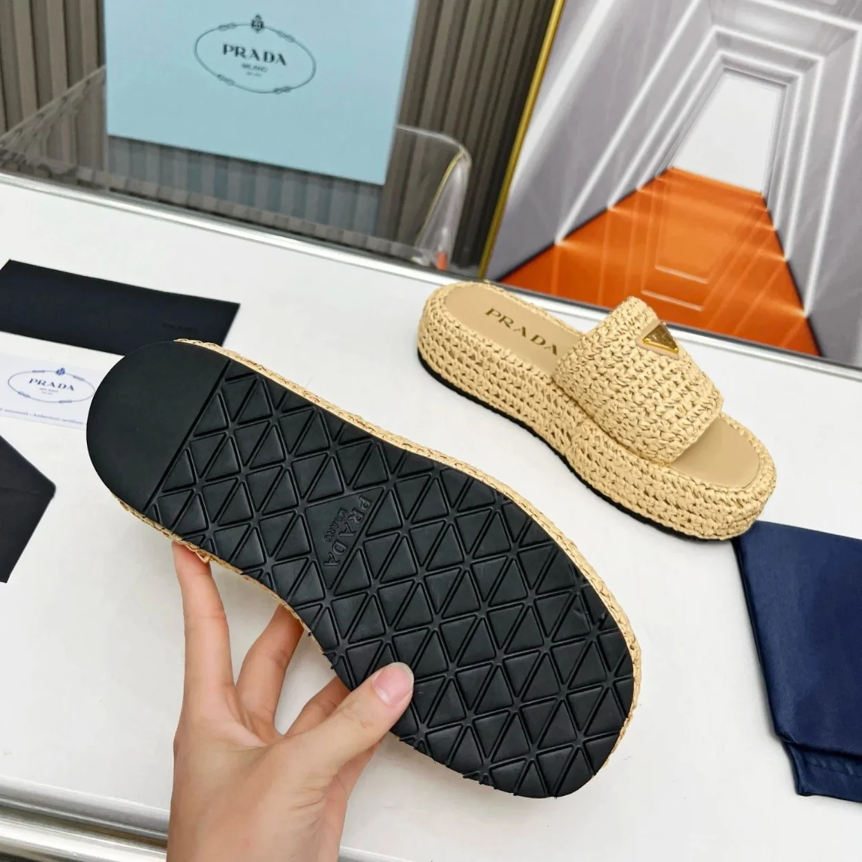 Prada Crochet Flatform Slides in Beige Raffia-effect Yarn product view 4