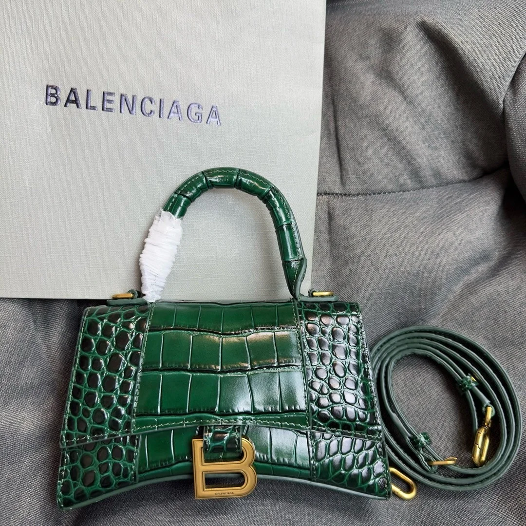 Balenciaga Hourglass XS Bag in Green Croc-Embossed Calfskin product view 5