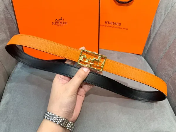 Hermès Orange/Black Reversible Belt with Gold-Tone Horse-and-Carriage Buckle product view 6