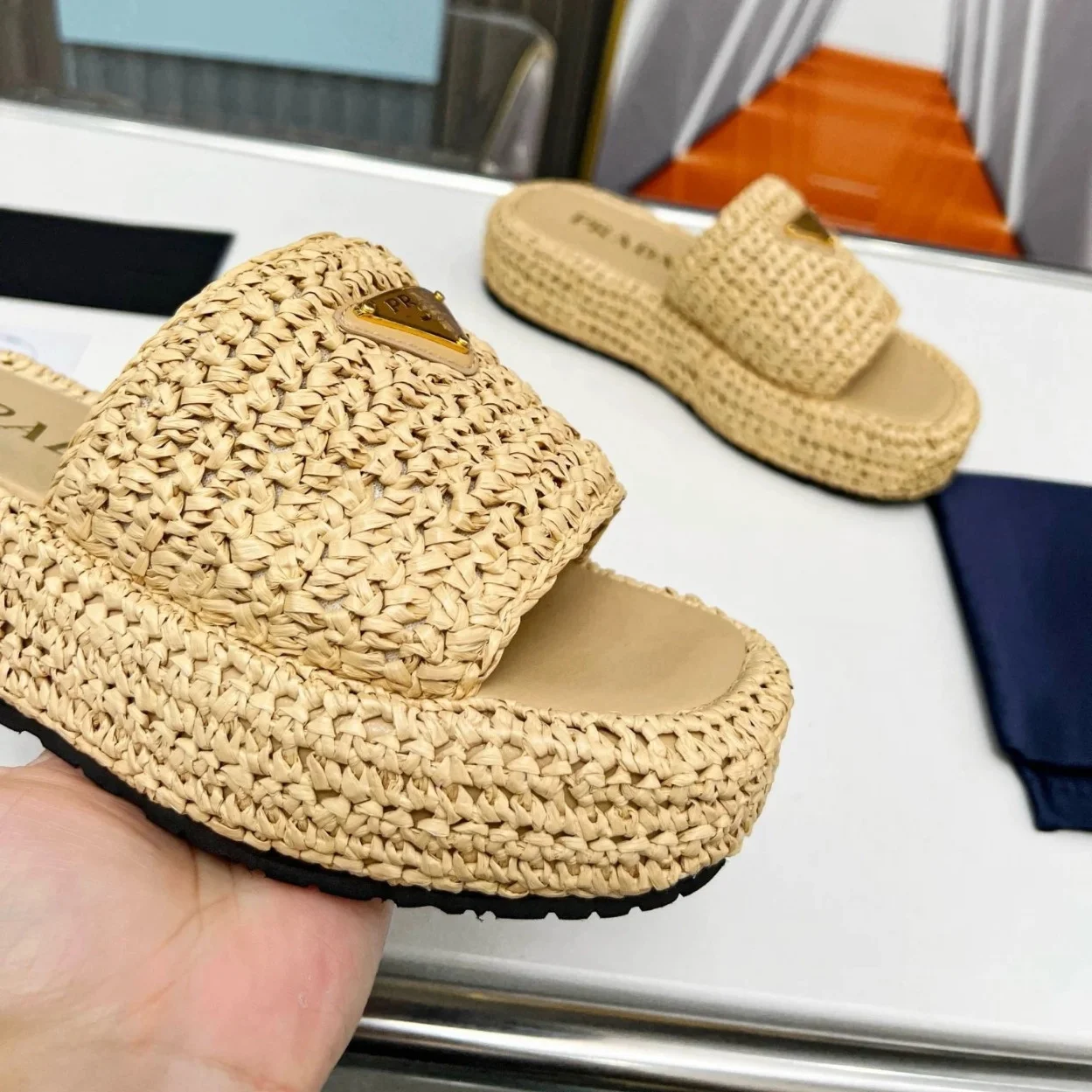 Prada Crochet Flatform Slides in Beige Raffia-effect Yarn product view 5
