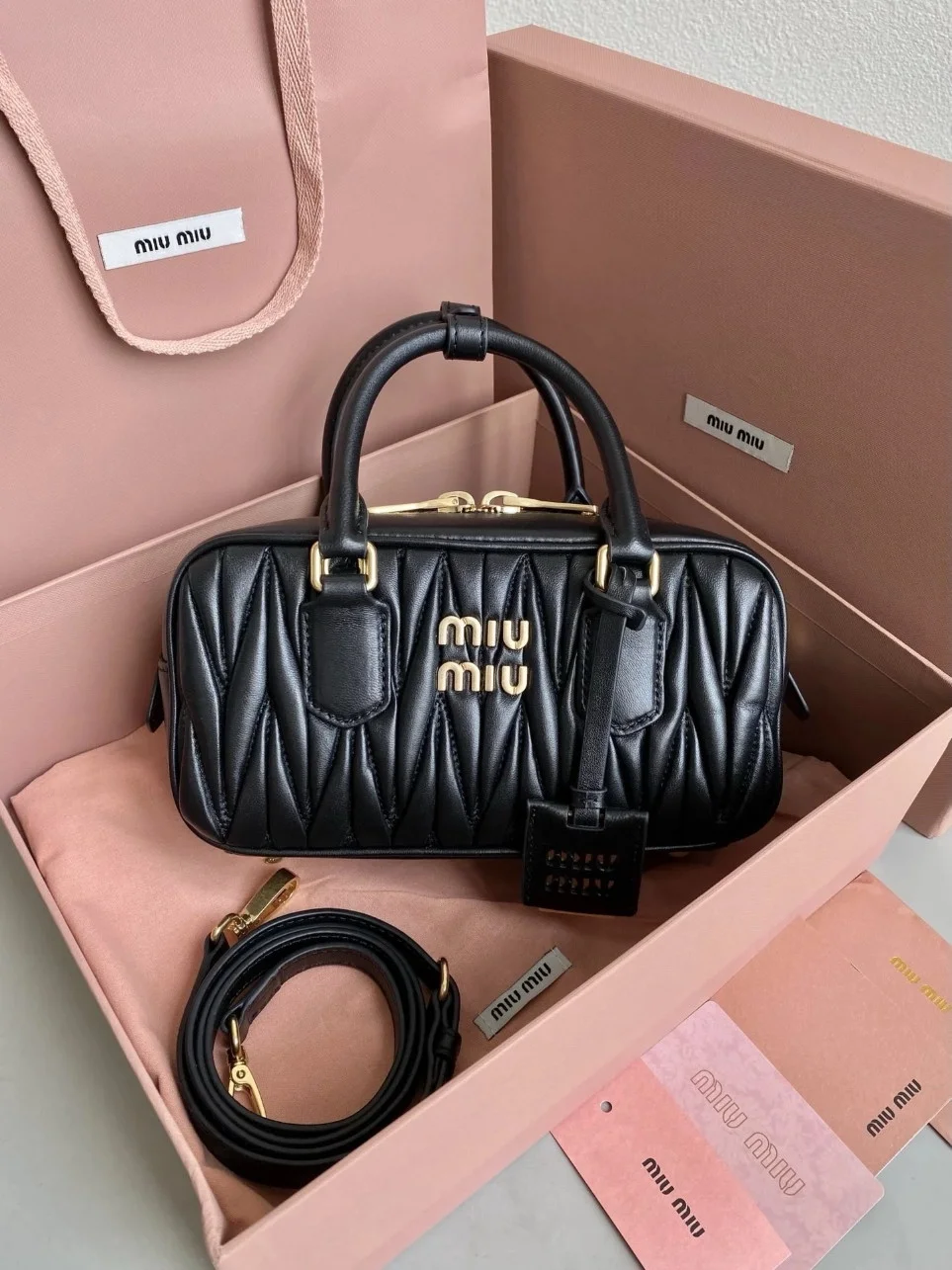 Miu Miu Arcadie Medium Bag in Black Matelasse Leather product view 2