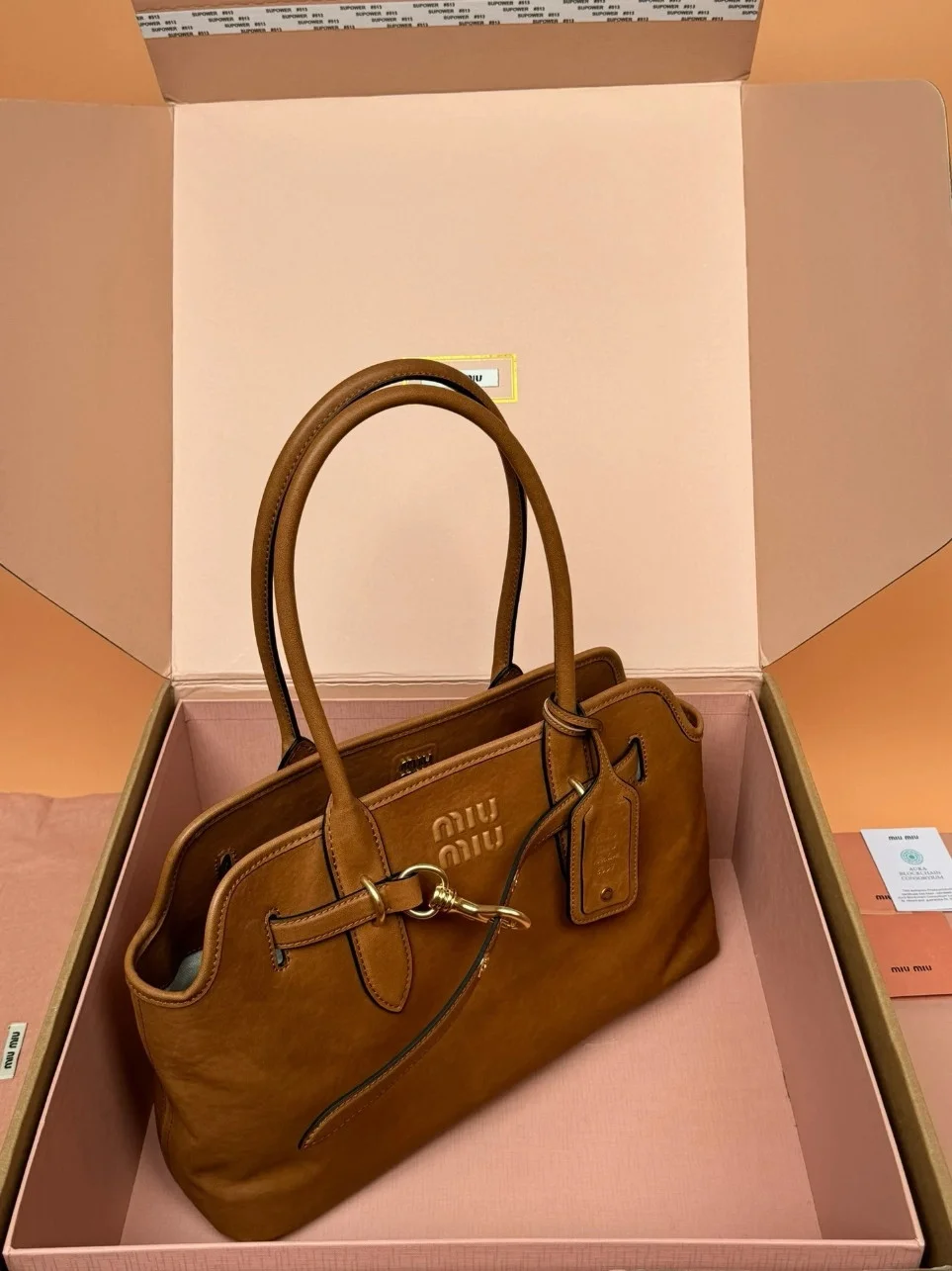 Miu Miu Aventure Large Tote Bag in Oak Nappa Leather product view 8