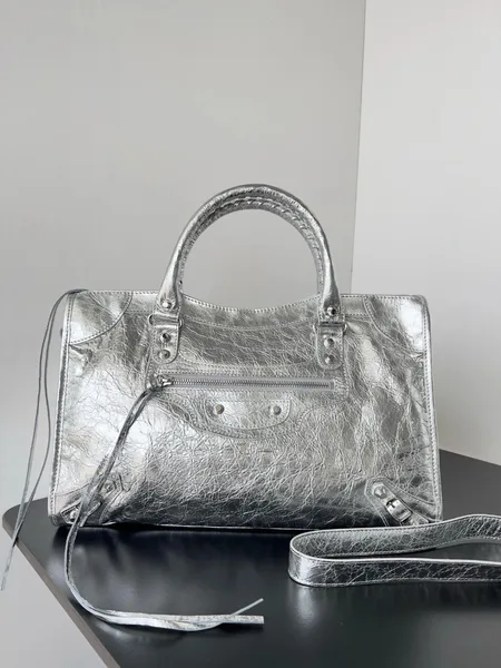Balenciaga Le City Medium Bag in Silver Metallic Lambskin product view 3