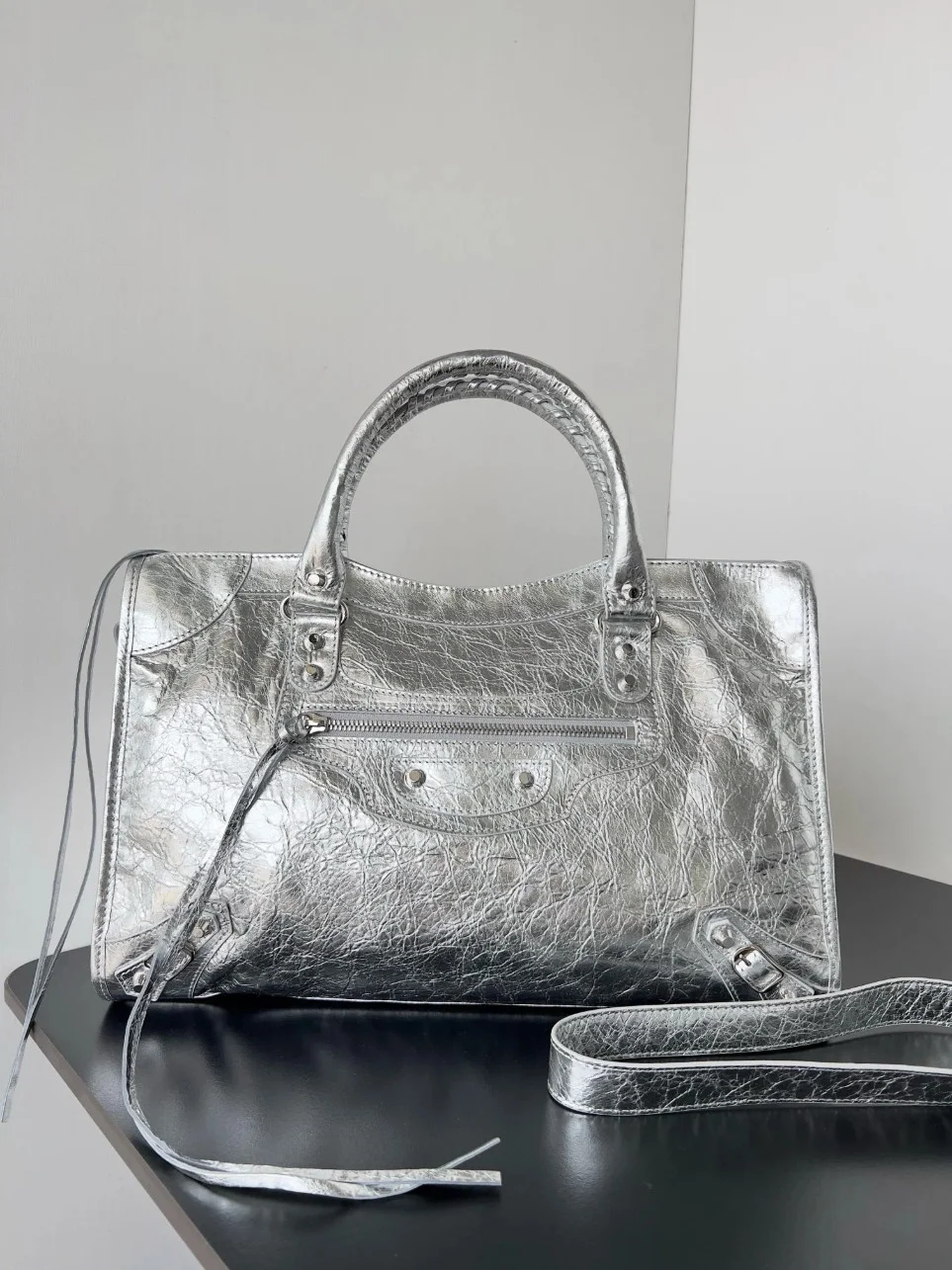 Balenciaga Le City Medium Bag in Silver Metallic Lambskin product view 3