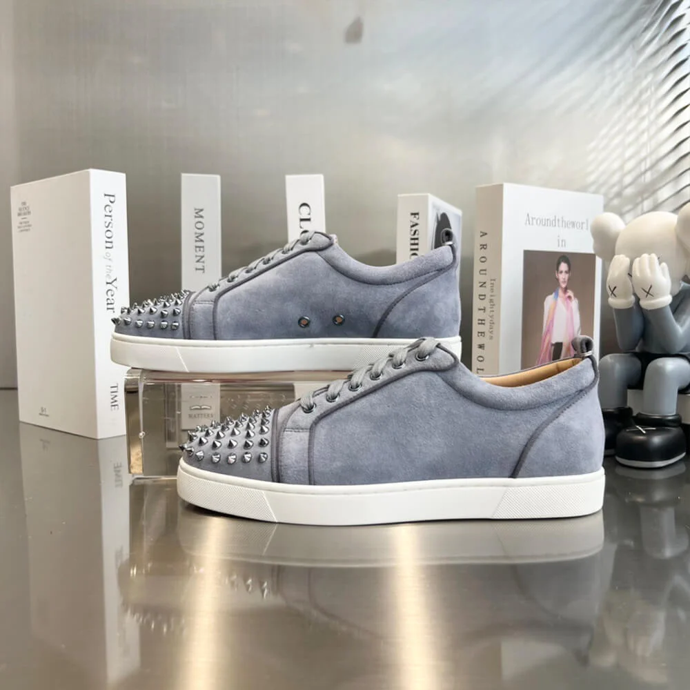 Christian Louboutin Louis Junior Spikes Suede-Effect Sneakers Grey with White Sole product view 4