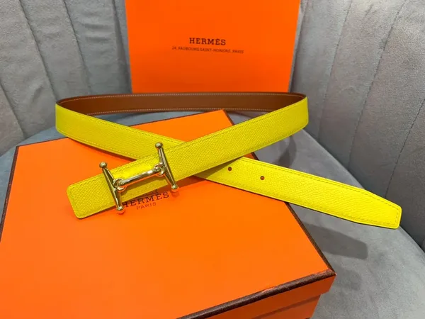 Hermès Yellow/Brown Reversible Belt with Gold-Tone Stirrup-Style H Buckle product photo