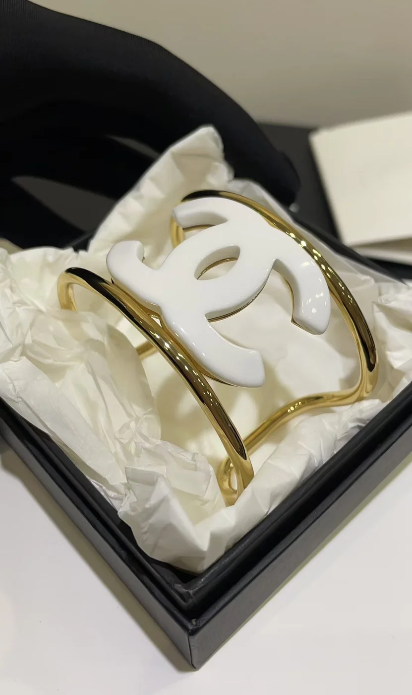 Chanel Wide Enamel CC Open Cuff White and Gold-Tone product view 2