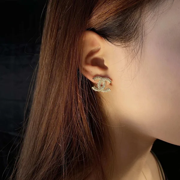 Chanel Full Pavé CC Stud Earrings Gold-Tone product view 3